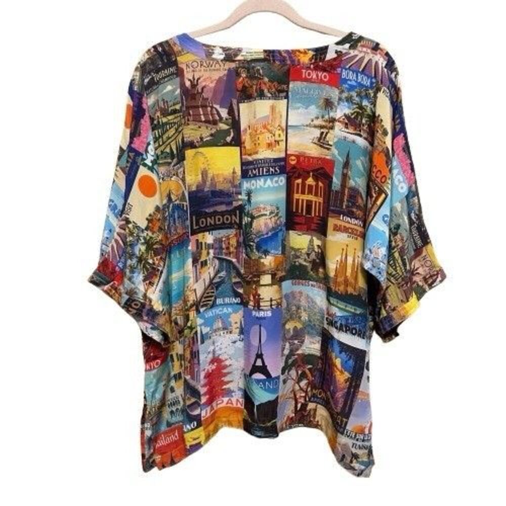 John Mark Top Womens Large Vintage Postcard Collage Print World Travel Resort